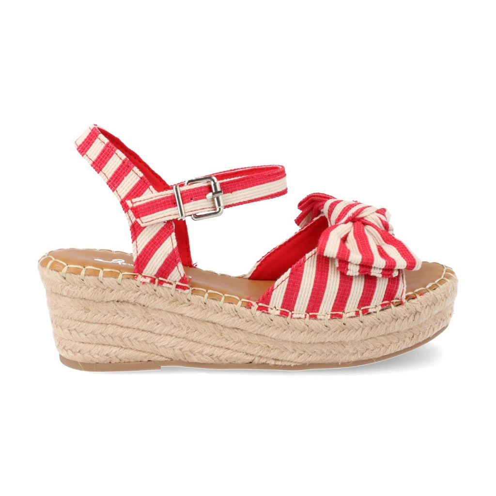 Sandalias Rojas Mujer Cuña Yute Lazo Franjas Tobillo