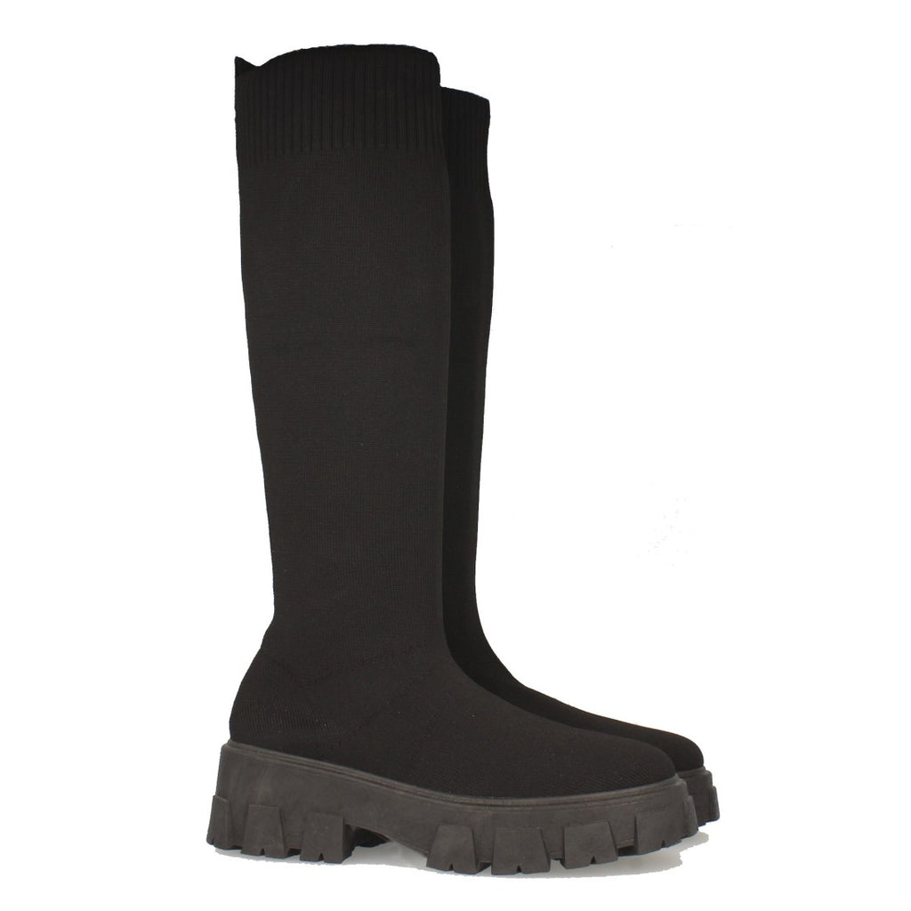 Schwarze Plateau-Stiefel mit gezackter Sohle und Gummizug