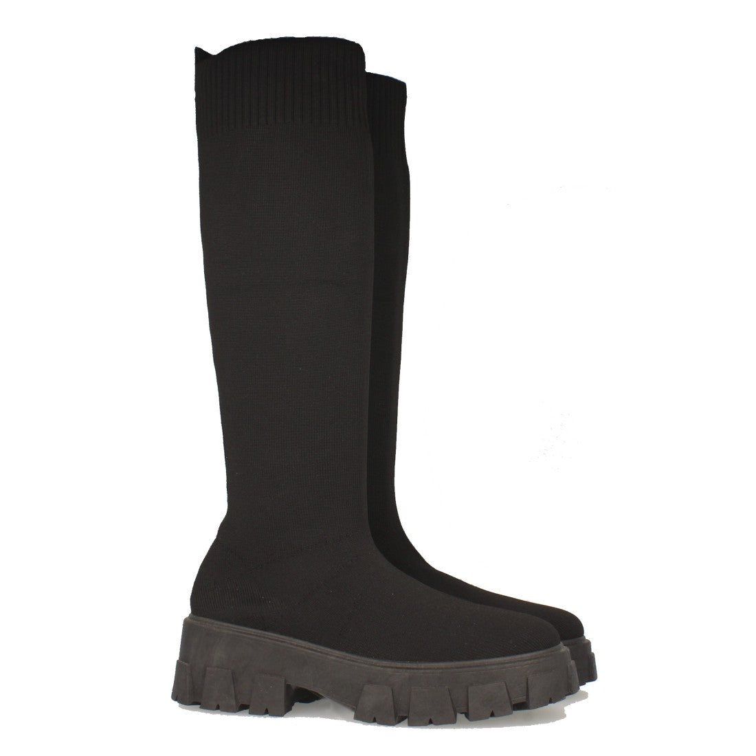 Schwarze Plateau-Stiefel mit gezackter Sohle und Gummizug