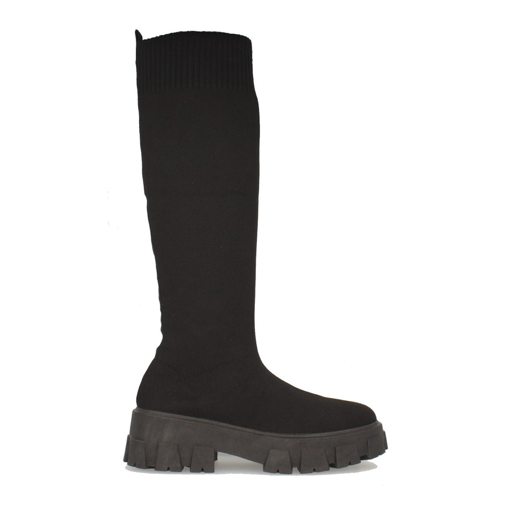 Schwarze Plateau-Stiefel mit gezackter Sohle und Gummizug