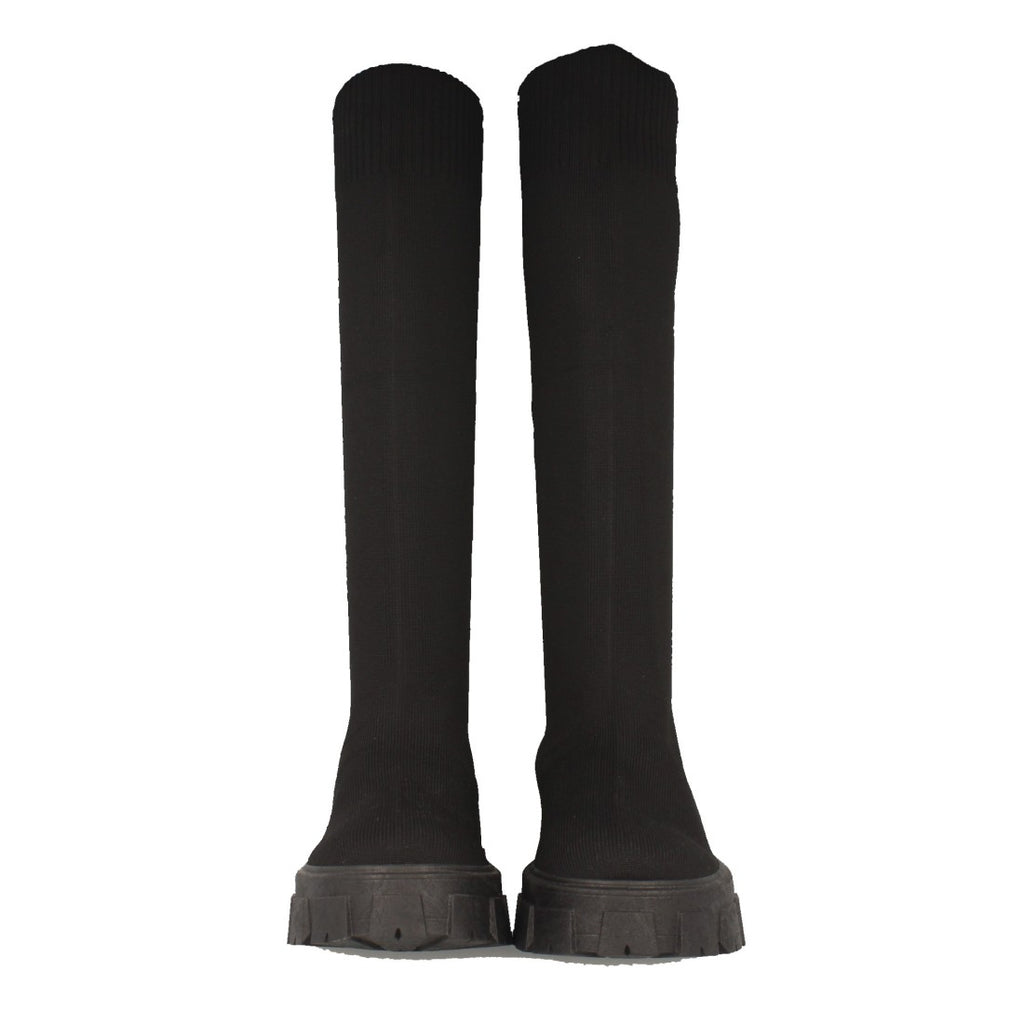 Schwarze Plateau-Stiefel mit gezackter Sohle und Gummizug