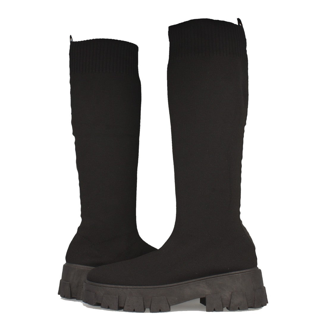 Schwarze Plateau-Stiefel mit gezackter Sohle und Gummizug