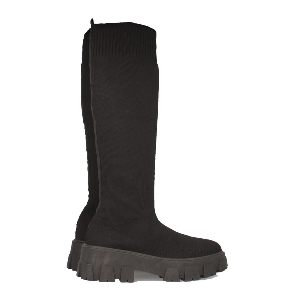 Schwarze Plateau-Stiefel mit gezackter Sohle und Gummizug