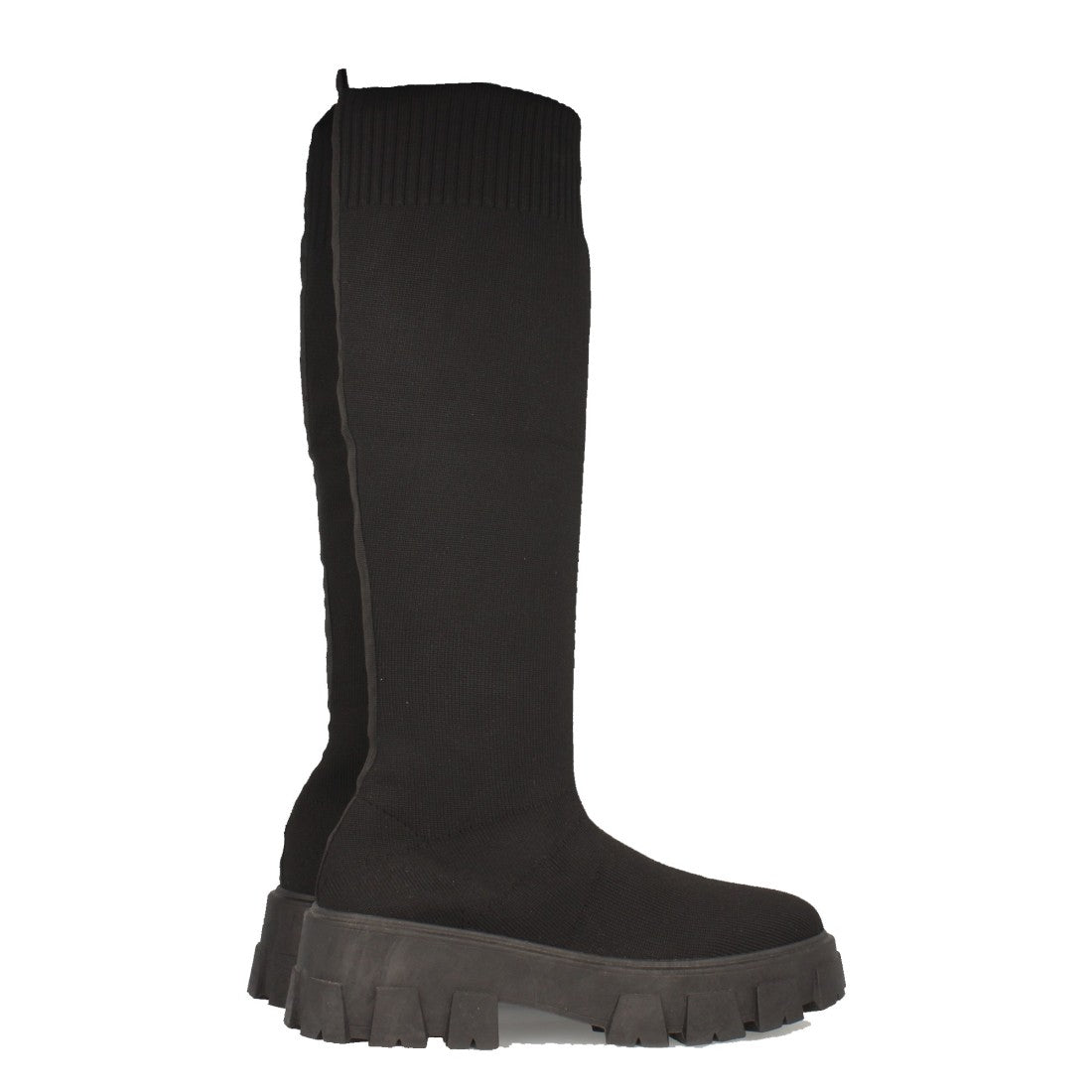 Schwarze Plateau-Stiefel mit gezackter Sohle und Gummizug