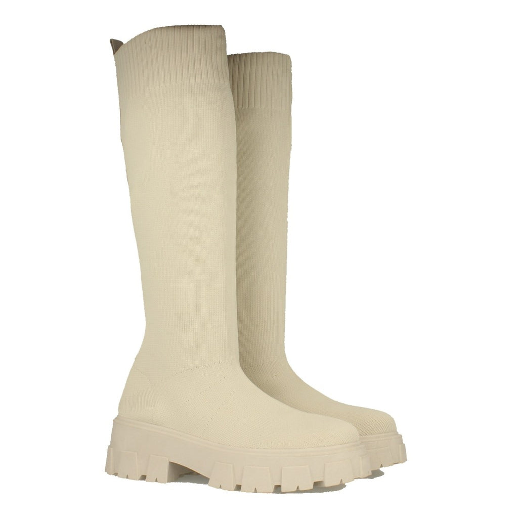 Beige Plateau-Stiefel mit gezackter Sohle und elastischem Einsatz