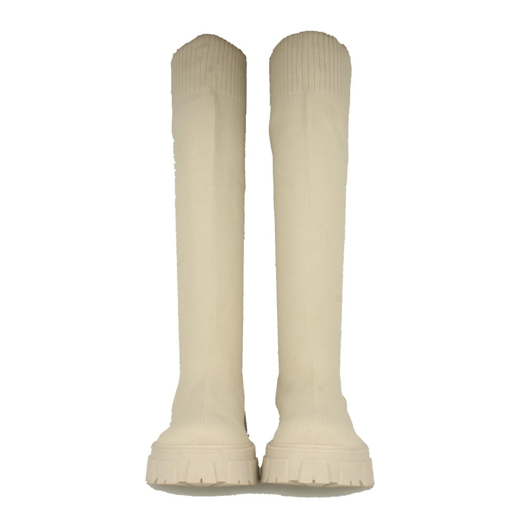 Beige Plateau-Stiefel mit gezackter Sohle und elastischem Einsatz