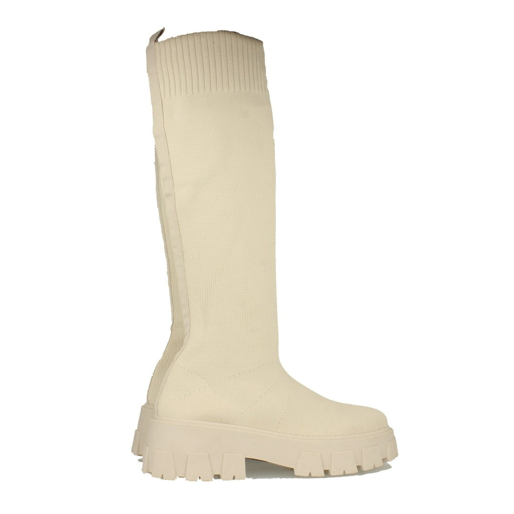 Beige Plateau-Stiefel mit gezackter Sohle und elastischem Einsatz