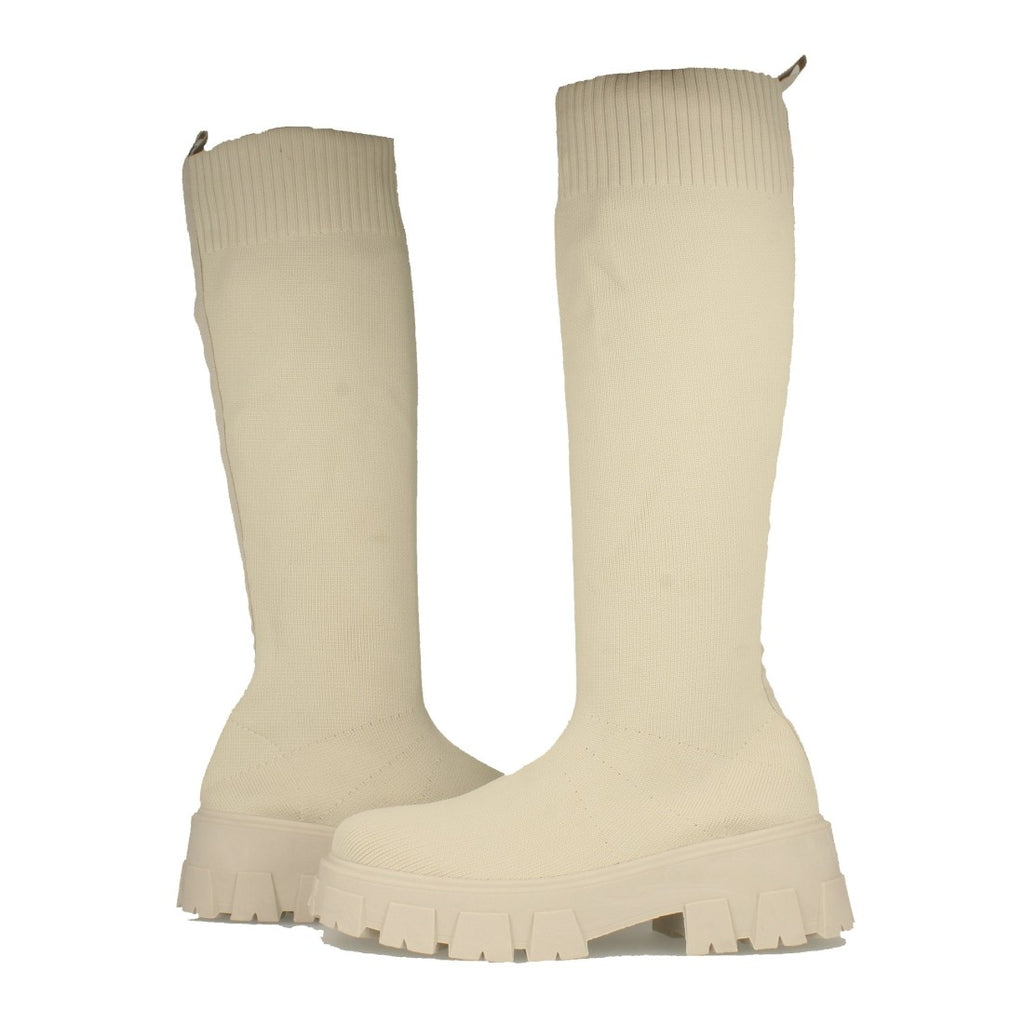 Beige Plateau-Stiefel mit gezackter Sohle und elastischem Einsatz