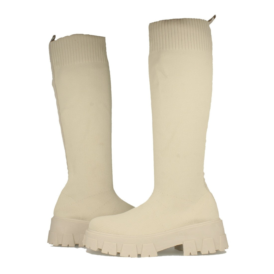 Beige Plateau-Stiefel mit gezackter Sohle und elastischem Einsatz