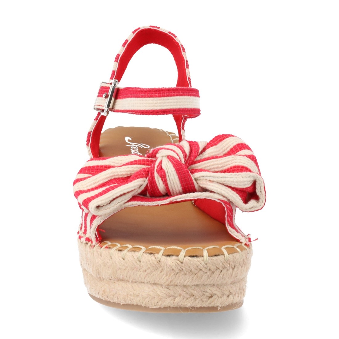 Sandalias Rojas Mujer Cuña Yute Lazo Franjas Tobillo