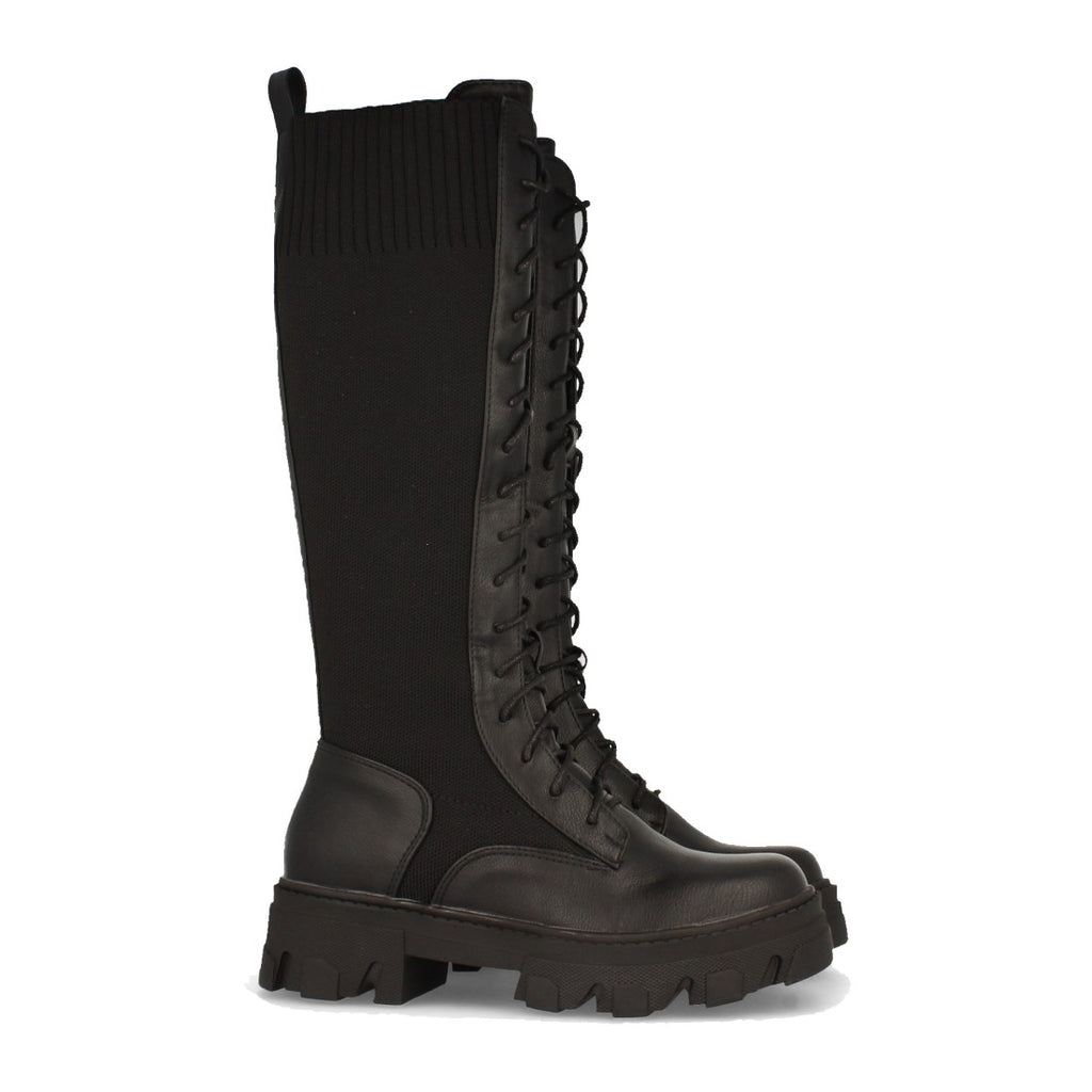 Schwarze Plateau-Stiefel Elastischer Einsatz Schnürsenkel