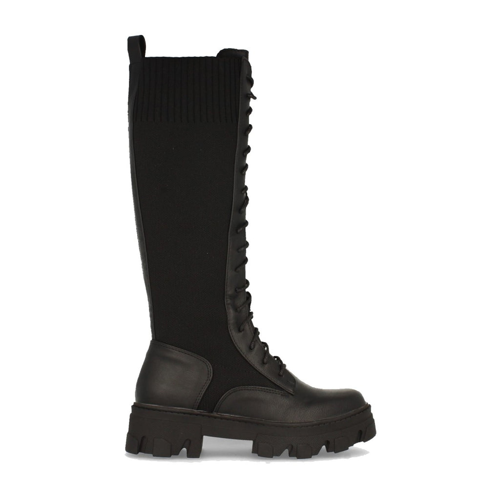 Schwarze Plateau-Stiefel Elastischer Einsatz Schnürsenkel