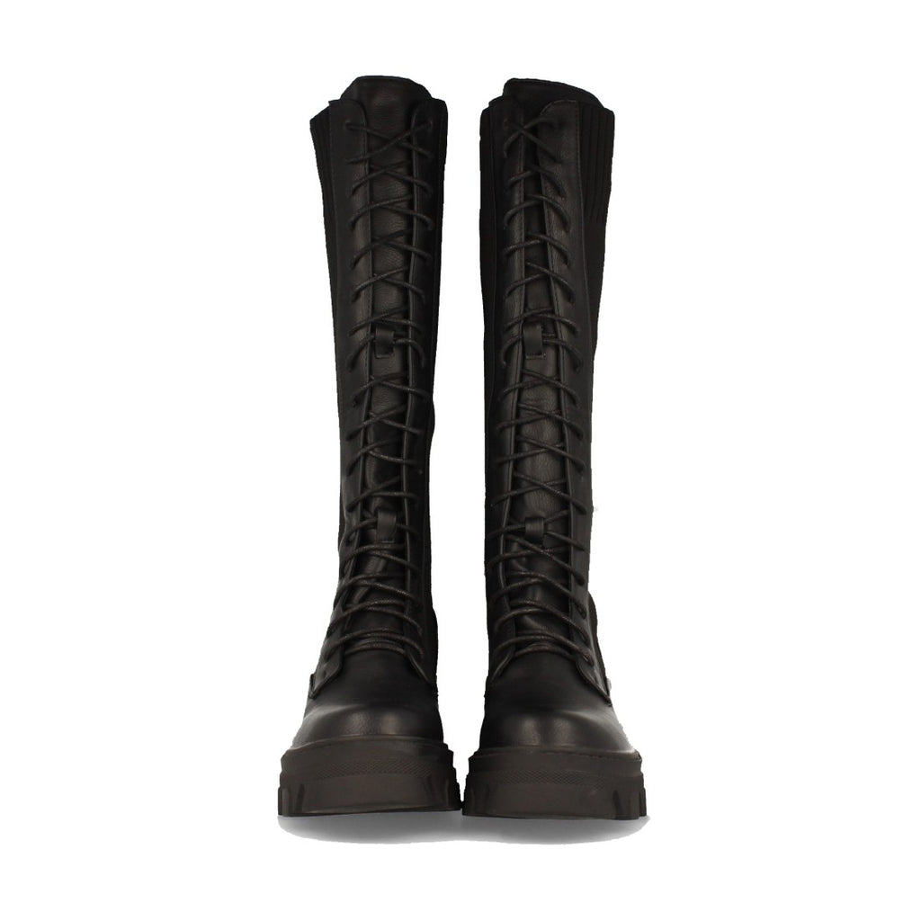Schwarze Plateau-Stiefel Elastischer Einsatz Schnürsenkel