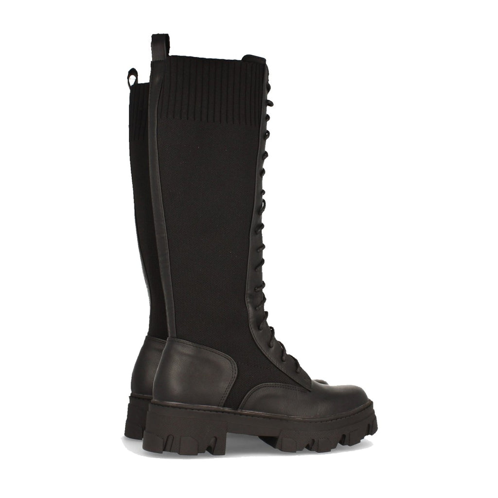 Schwarze Plateau-Stiefel Elastischer Einsatz Schnürsenkel