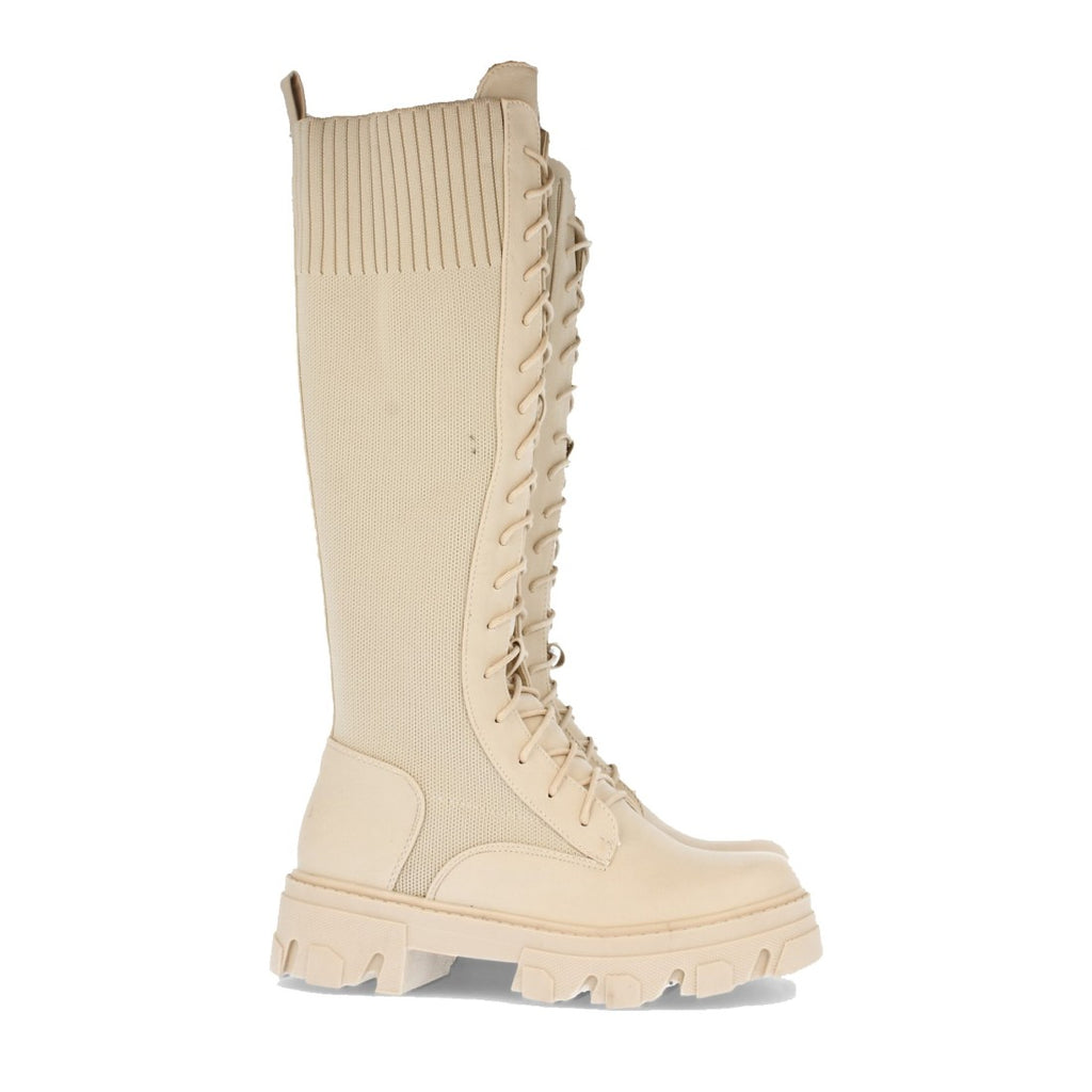 Beige Plateau-Stiefel mit elastischem Einsatz und Schnürung