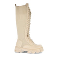 Beige Plateau-Stiefel mit elastischem Einsatz und Schnürung