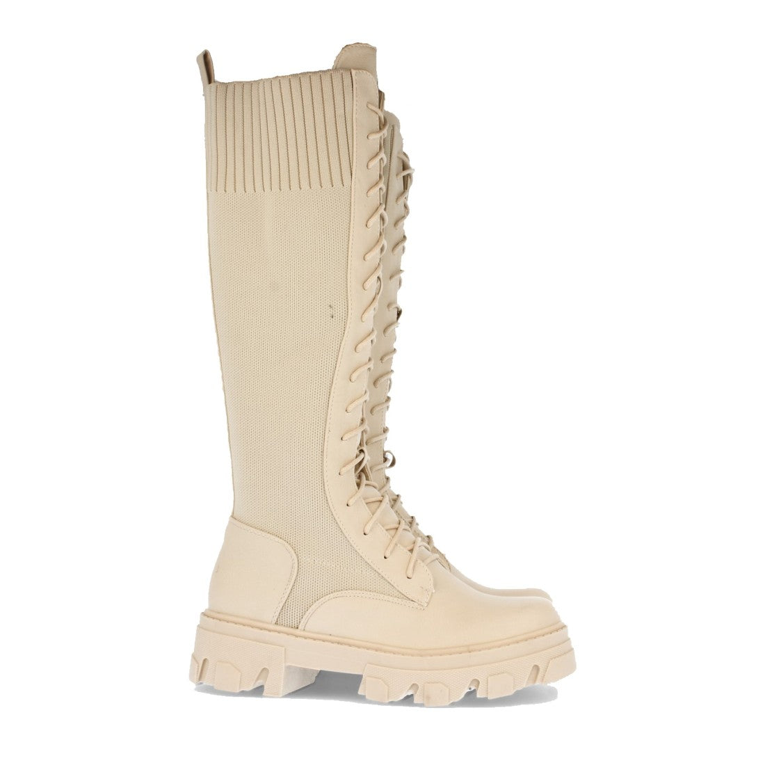 Beige Plateau-Stiefel mit elastischem Einsatz und Schnürung