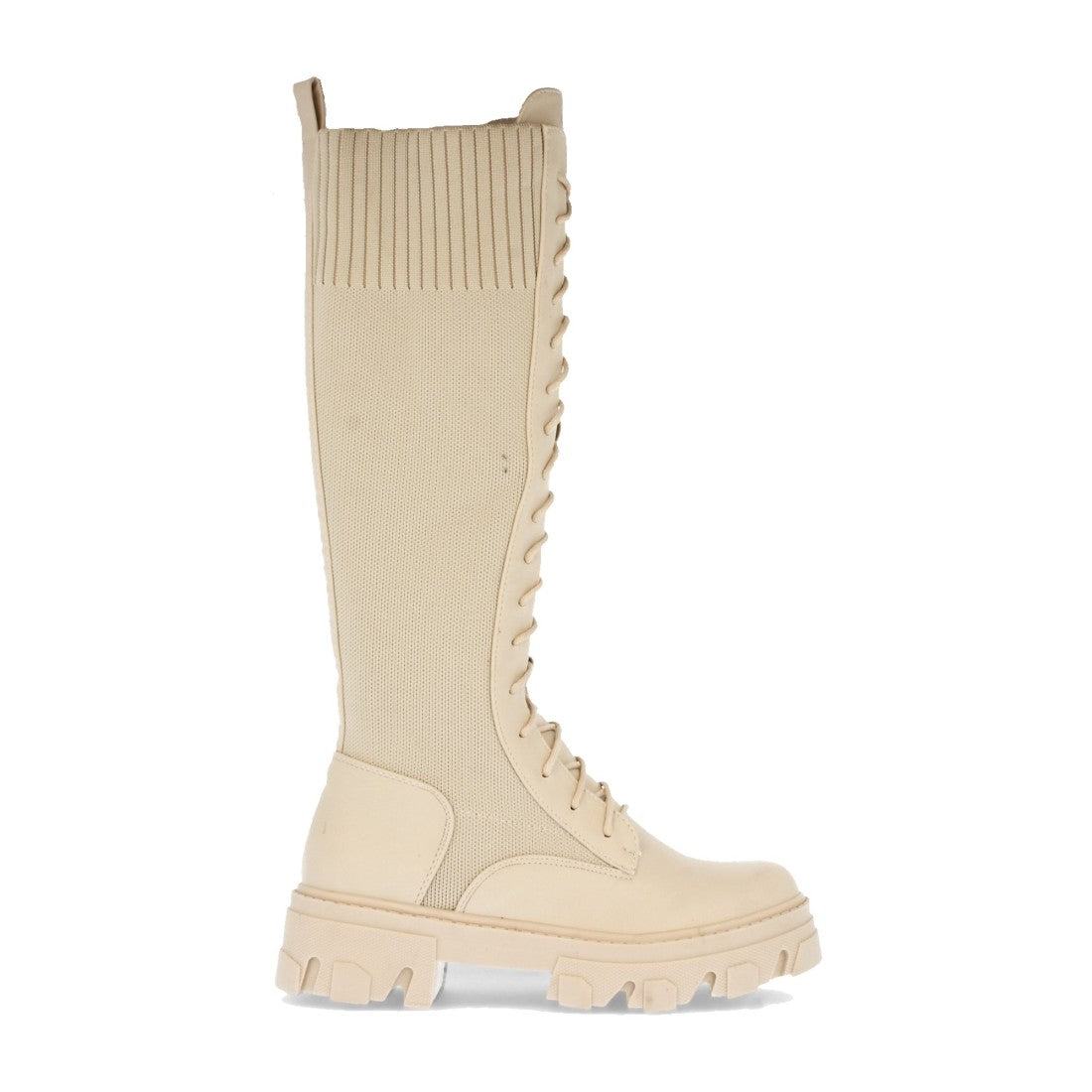 Beige Plateau-Stiefel mit elastischem Einsatz und Schnürung