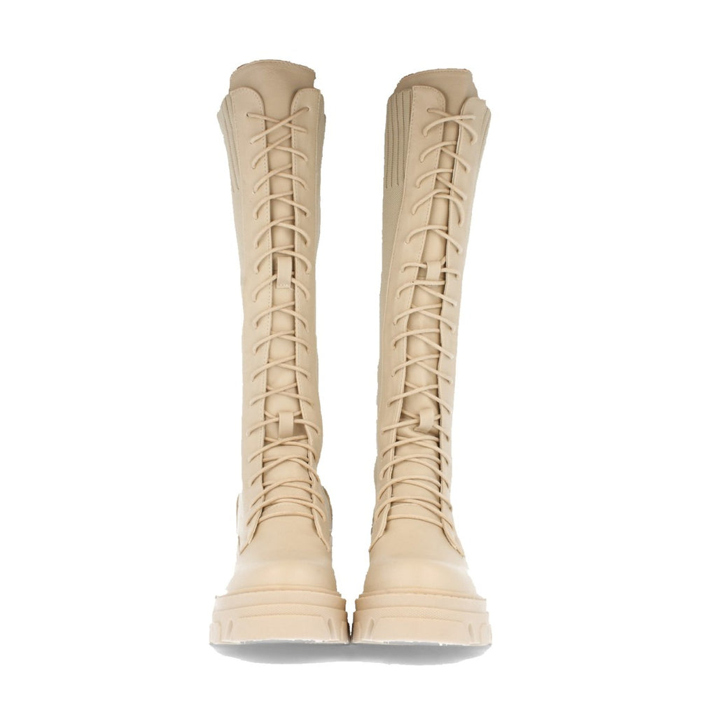 Beige Plateau-Stiefel mit elastischem Einsatz und Schnürung