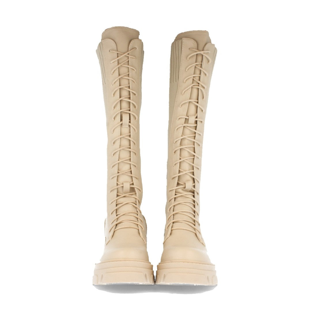 Beige Plateau-Stiefel mit elastischem Einsatz und Schnürung