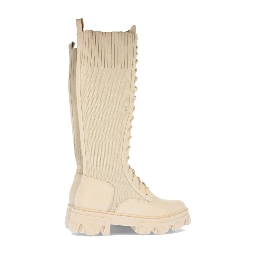 Beige Plateau-Stiefel mit elastischem Einsatz und Schnürung