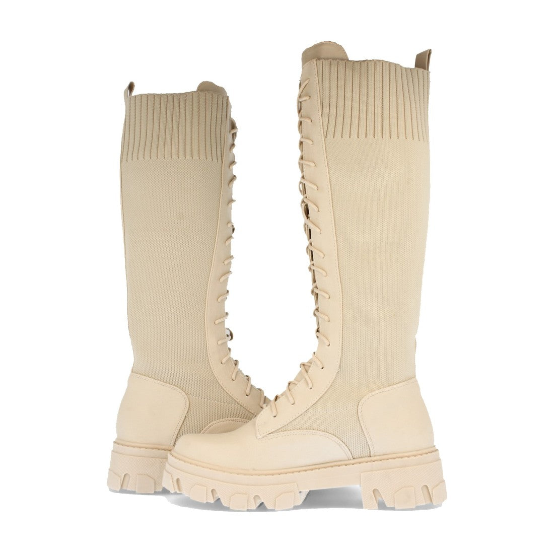 Beige Plateau-Stiefel mit elastischem Einsatz und Schnürung