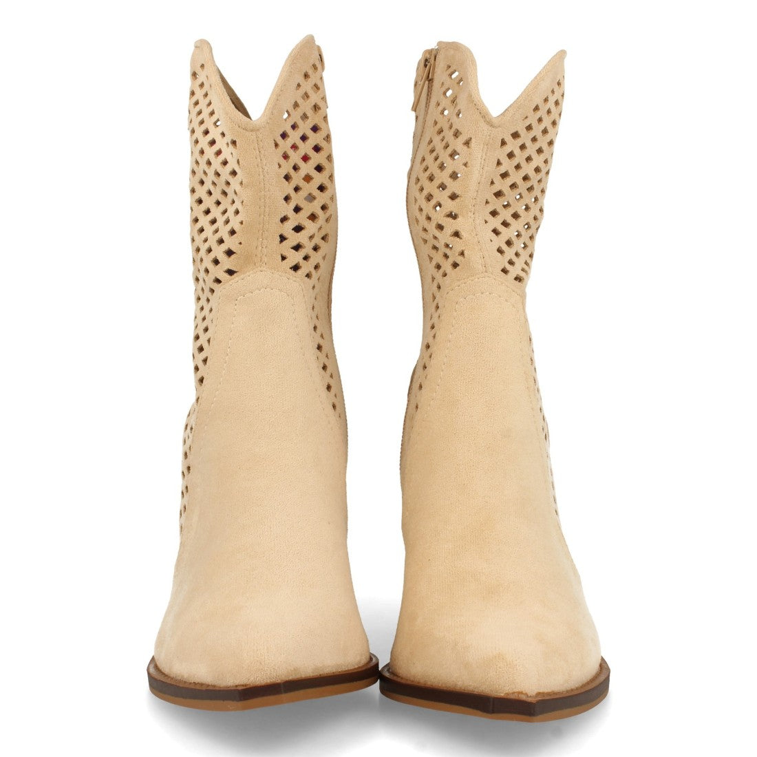 Botines Tacón Alto Beige con Calados en Caña y Cremallera