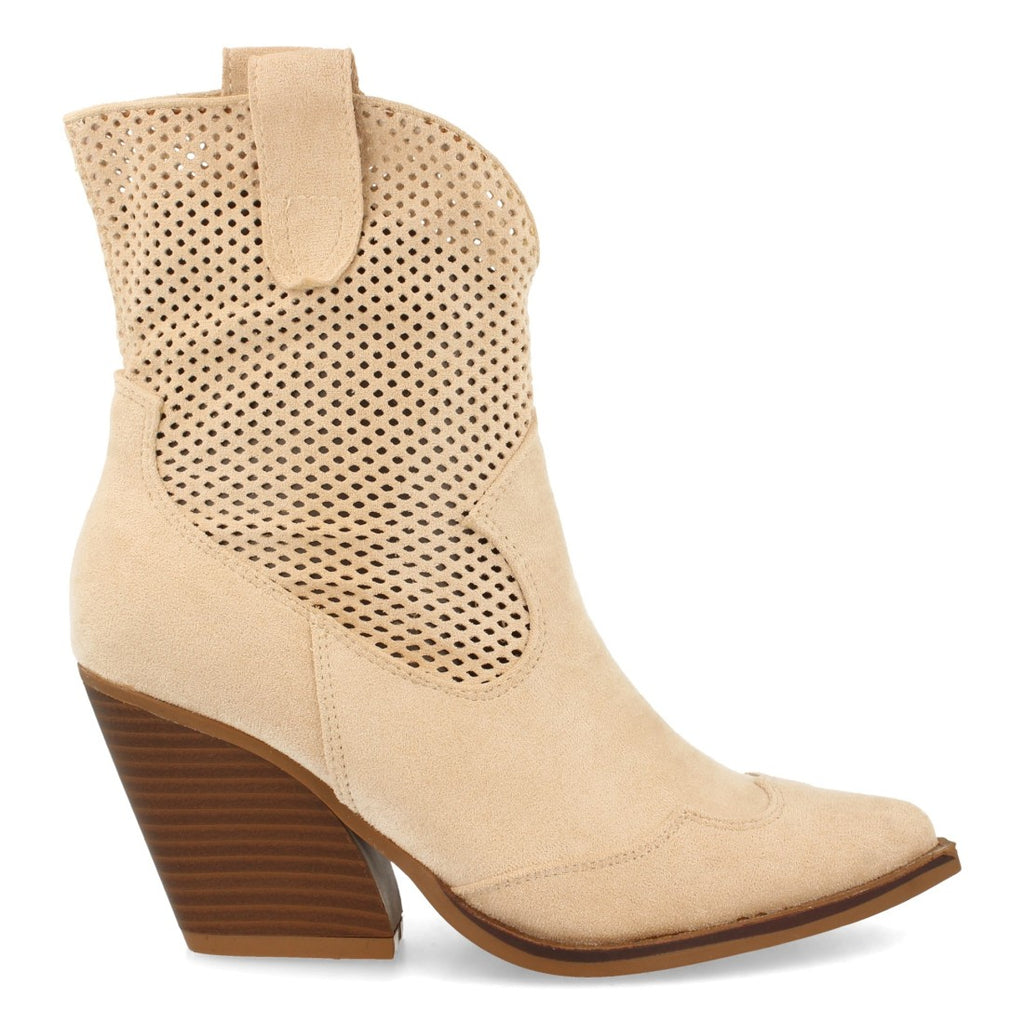 Botines Tacón Alto Beige con Calados, Punta Fina y Cremallera