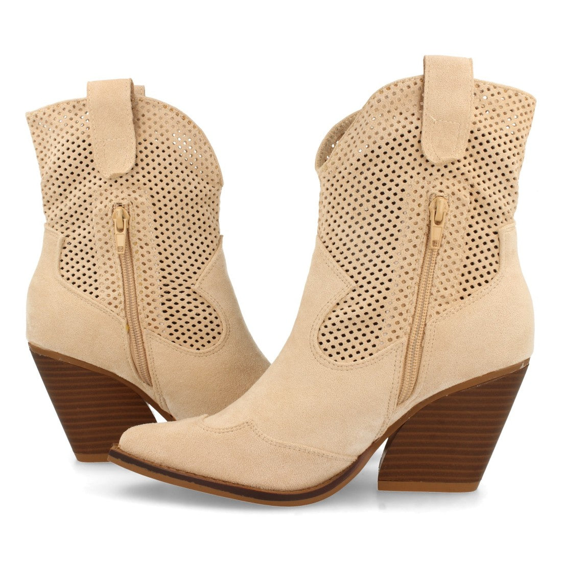Botines Tacón Alto Beige con Calados, Punta Fina y Cremallera