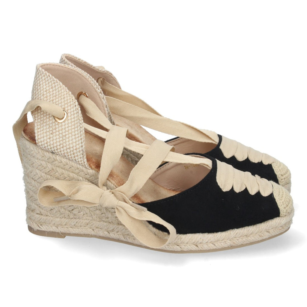 Schwarze Espadrille-Keilabsatzsandalen mit geschlossener Zehenpartie und Schnürung