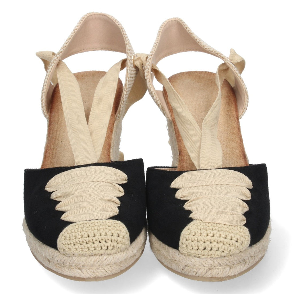 Schwarze Espadrille-Keilabsatzsandalen mit geschlossener Zehenpartie und Schnürung