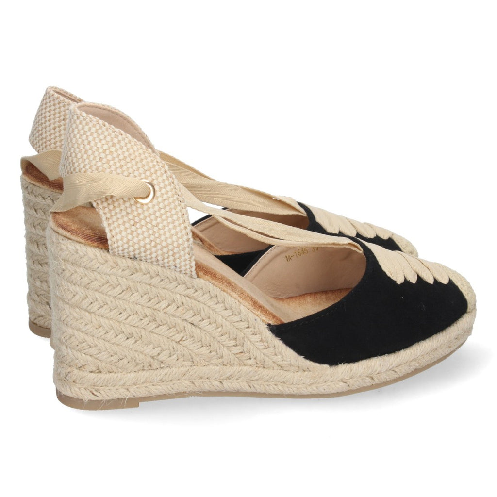 Schwarze Espadrille-Keilabsatzsandalen mit geschlossener Zehenpartie und Schnürung