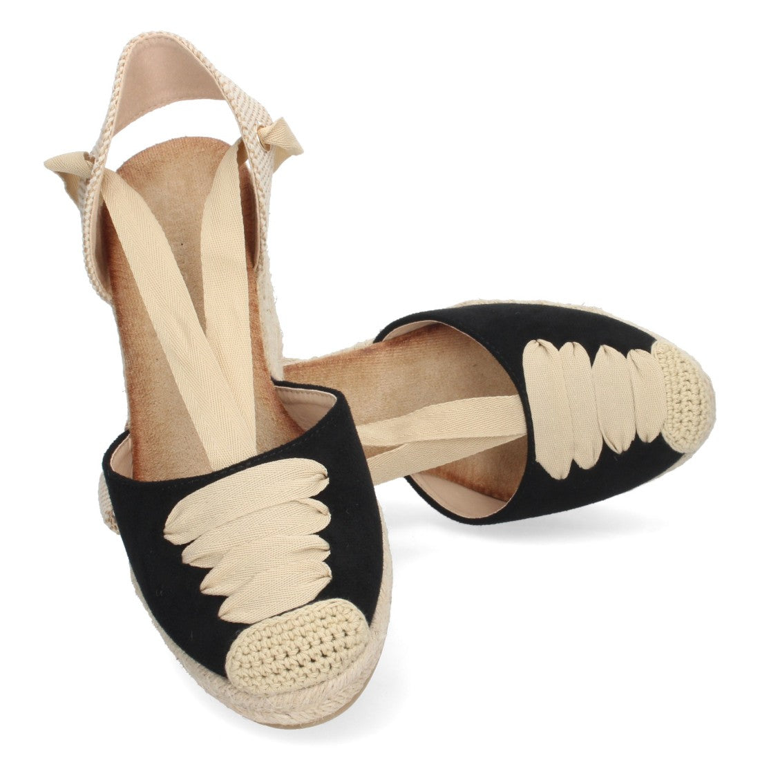 Schwarze Espadrille-Keilabsatzsandalen mit geschlossener Zehenpartie und Schnürung
