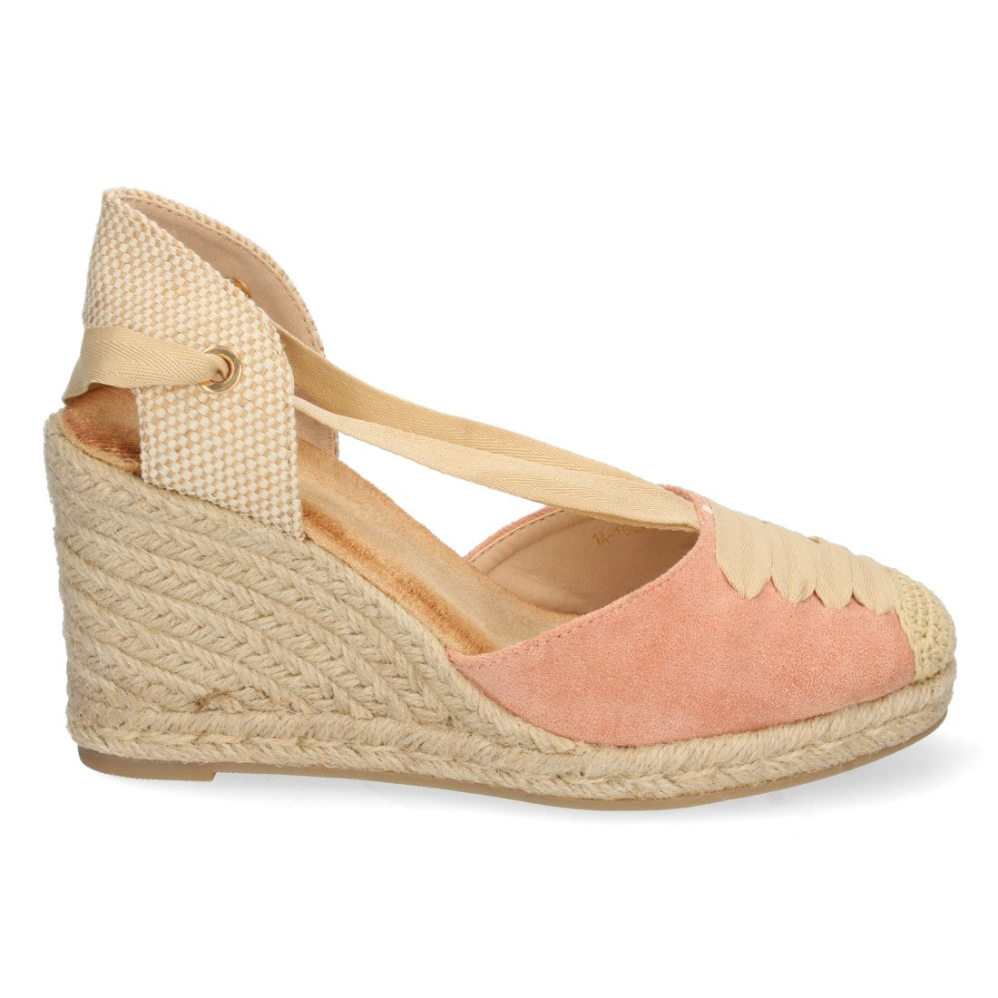 Rosafarbene Sandalen mit Keilabsatz aus Jute, geschlossenem Blatt und Schnürung