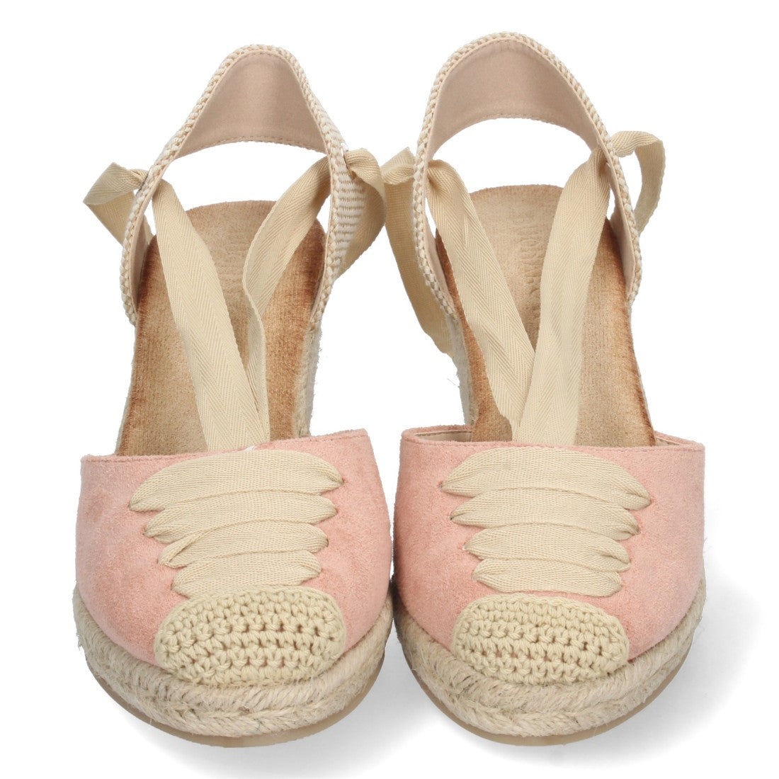 Rosafarbene Sandalen mit Keilabsatz aus Jute, geschlossenem Blatt und Schnürung