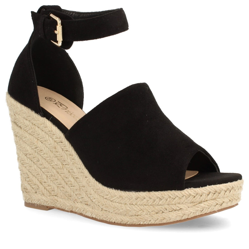 Sandalias Negras Mujer Cuña Espadrille Peep Toe Plataforma