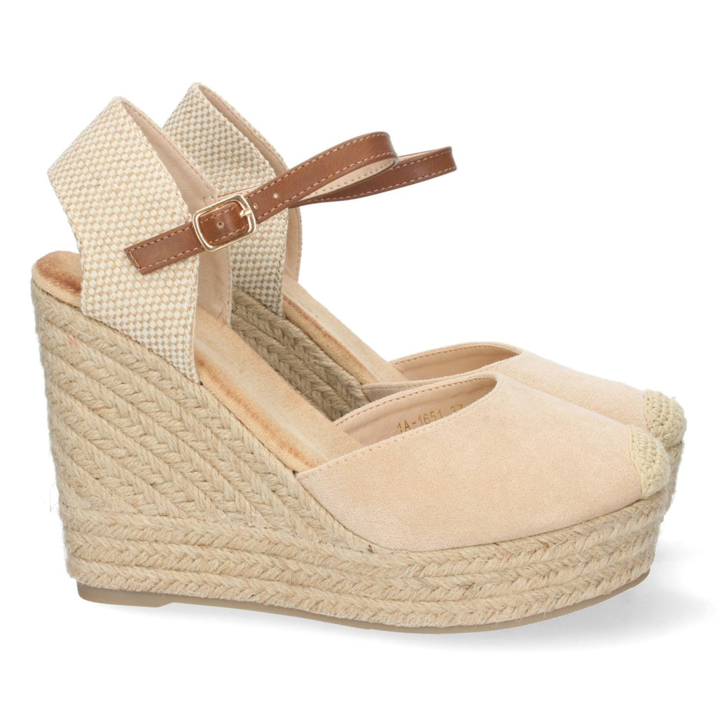 Beige Sandalen, Keilabsatz, Jute, geschlossener Riemen, Schnalle