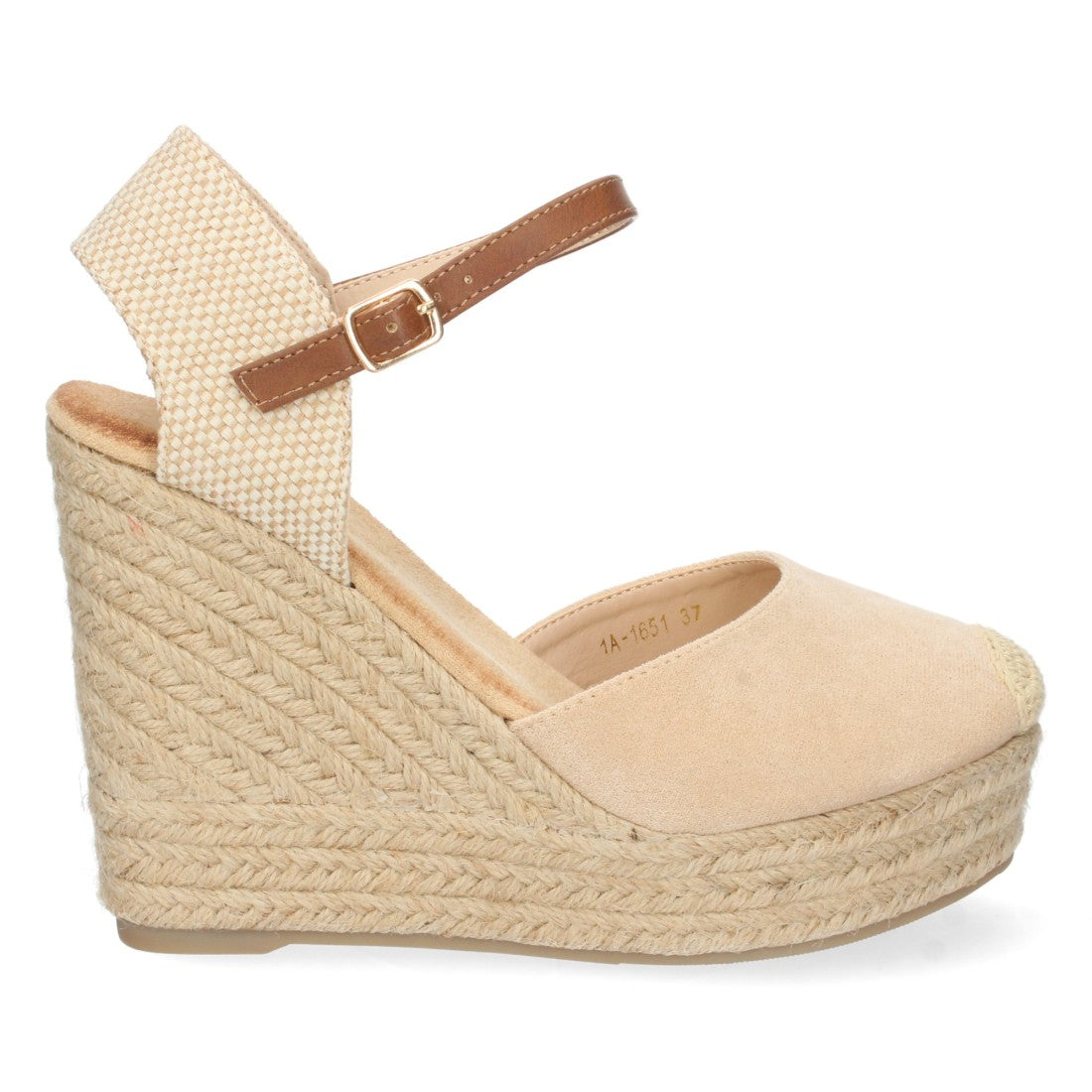 Beige Sandalen, Keilabsatz, Jute, geschlossener Riemen, Schnalle