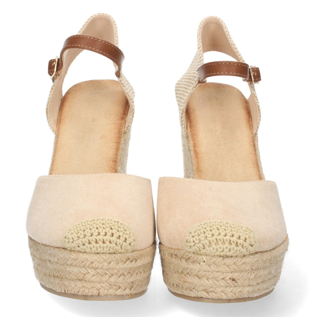 Beige Sandalen, Keilabsatz, Jute, geschlossener Riemen, Schnalle