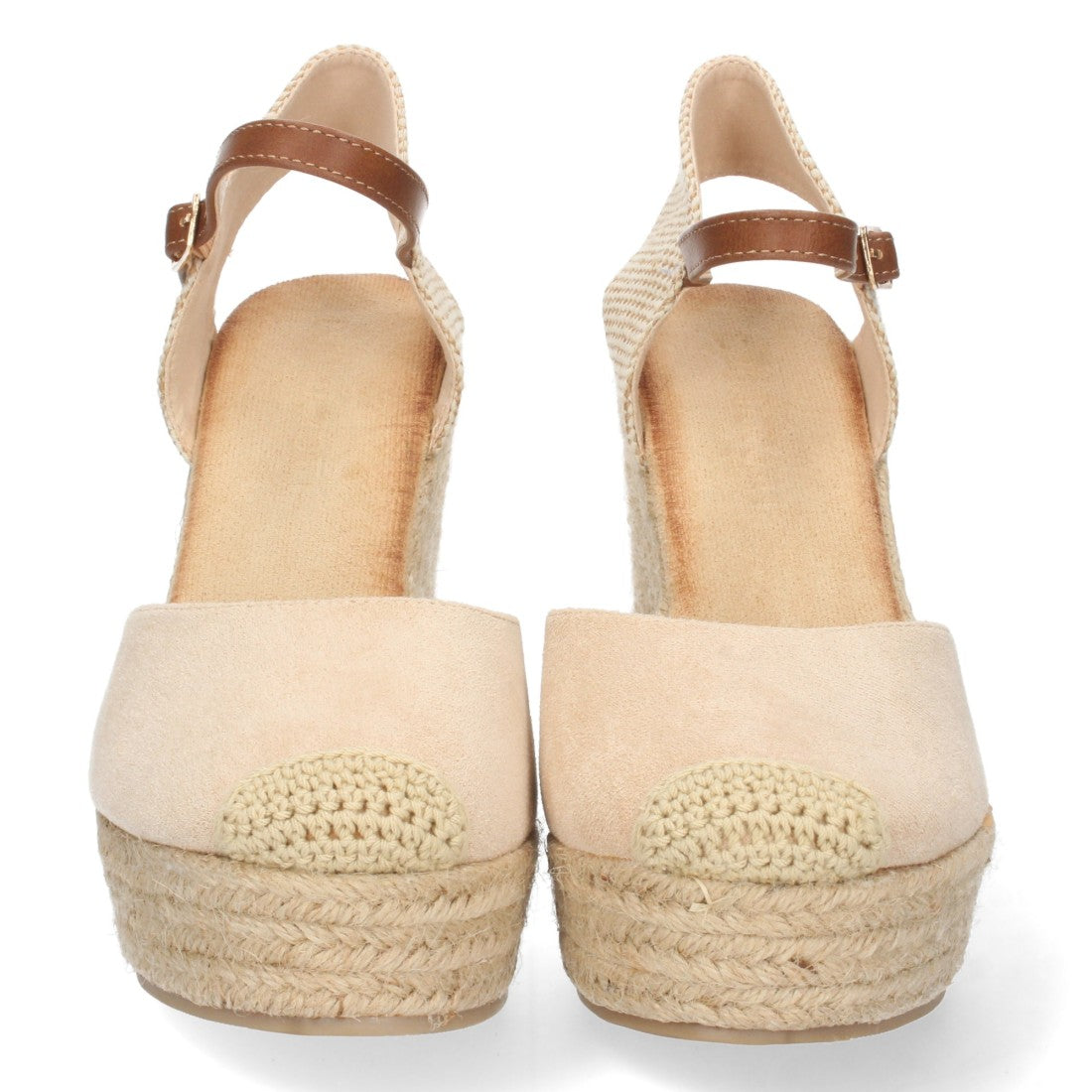 Beige Sandalen, Keilabsatz, Jute, geschlossener Riemen, Schnalle