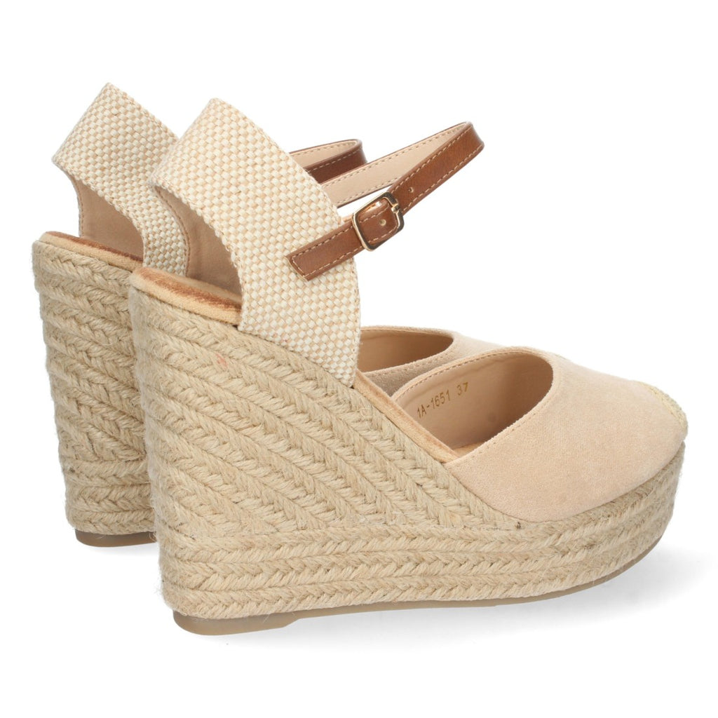 Beige Sandalen, Keilabsatz, Jute, geschlossener Riemen, Schnalle