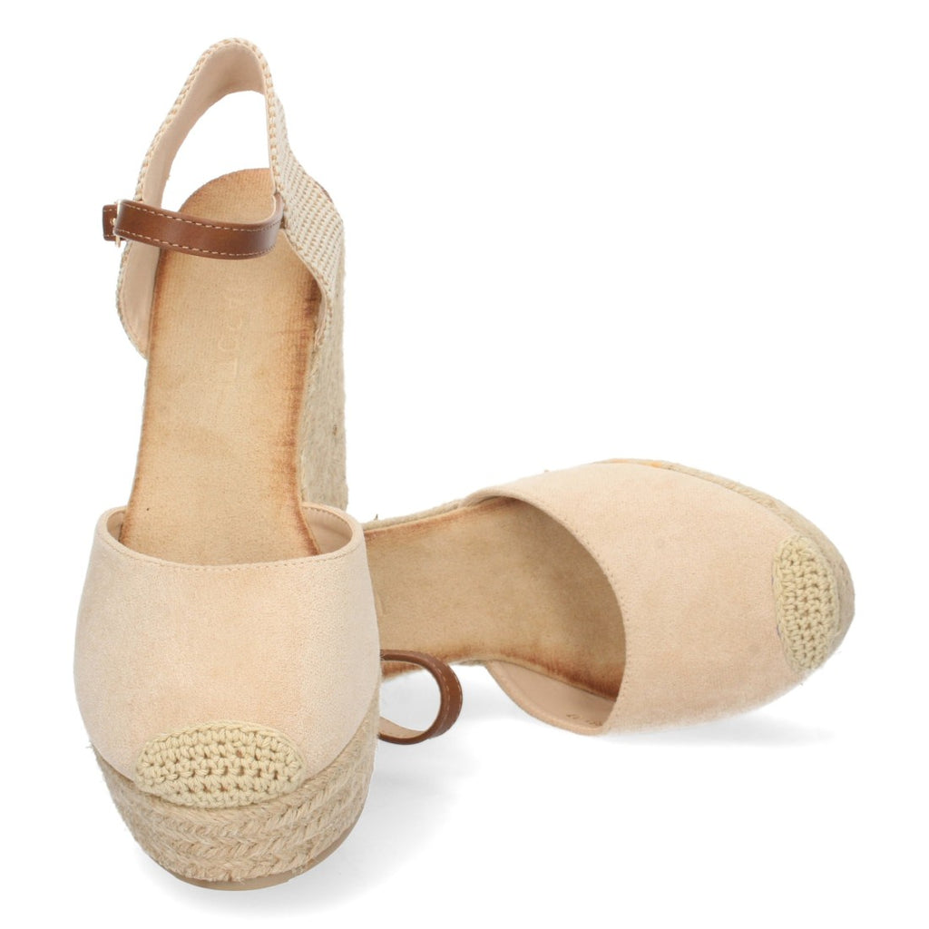 Beige Sandalen, Keilabsatz, Jute, geschlossener Riemen, Schnalle