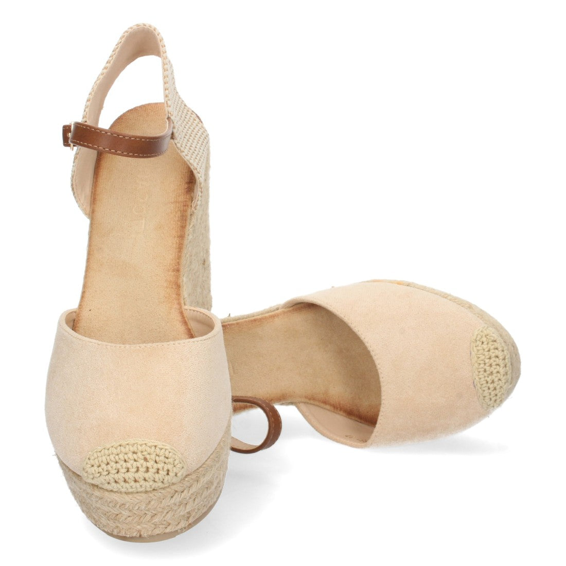 Beige Sandalen, Keilabsatz, Jute, geschlossener Riemen, Schnalle