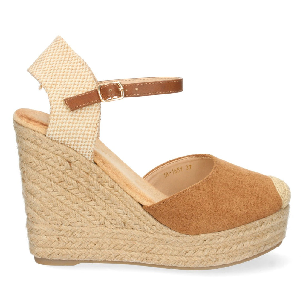 Keilsandalen aus Jute in Camel mit geschlossenem Blatt und Schnalle