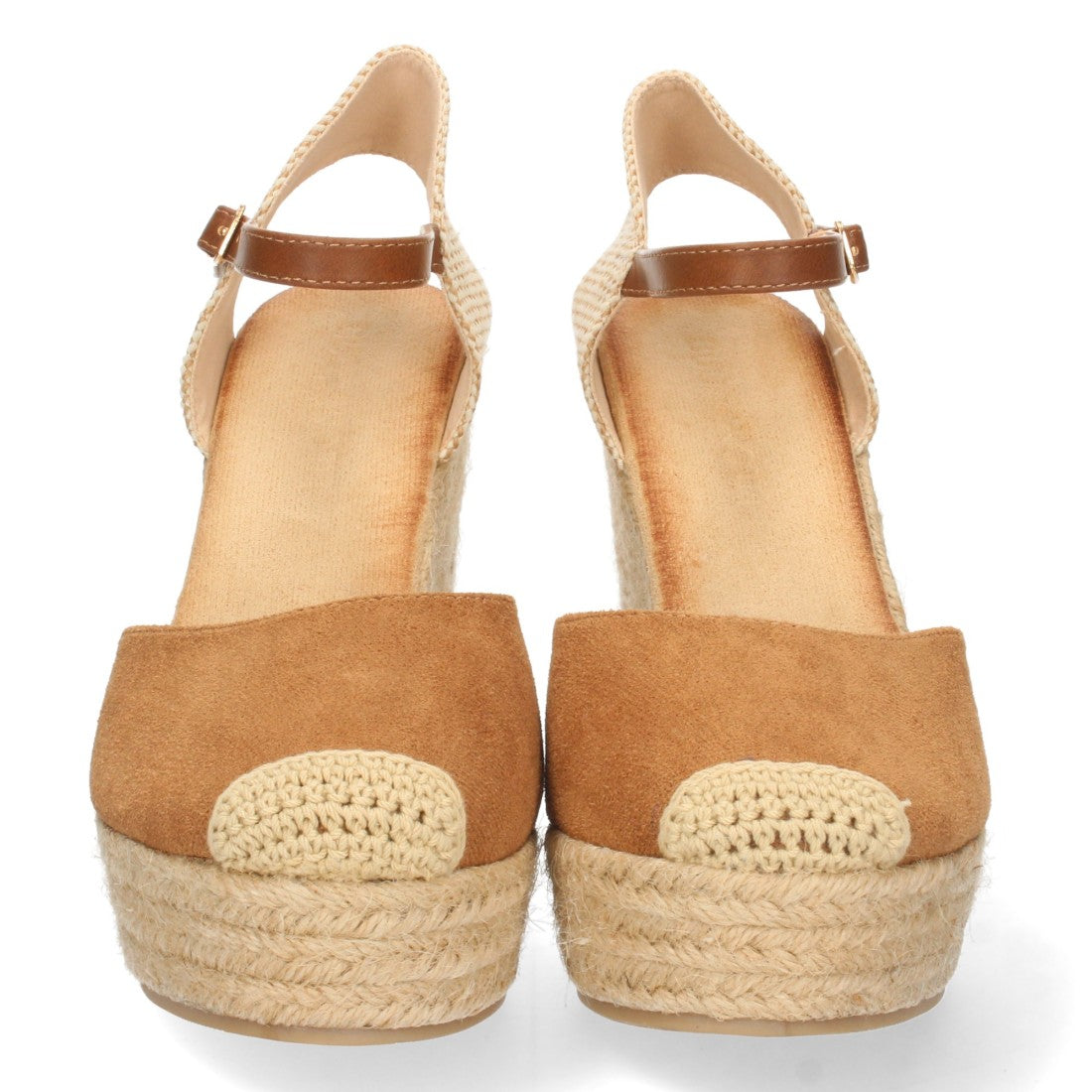Keilsandalen aus Jute in Camel mit geschlossenem Blatt und Schnalle