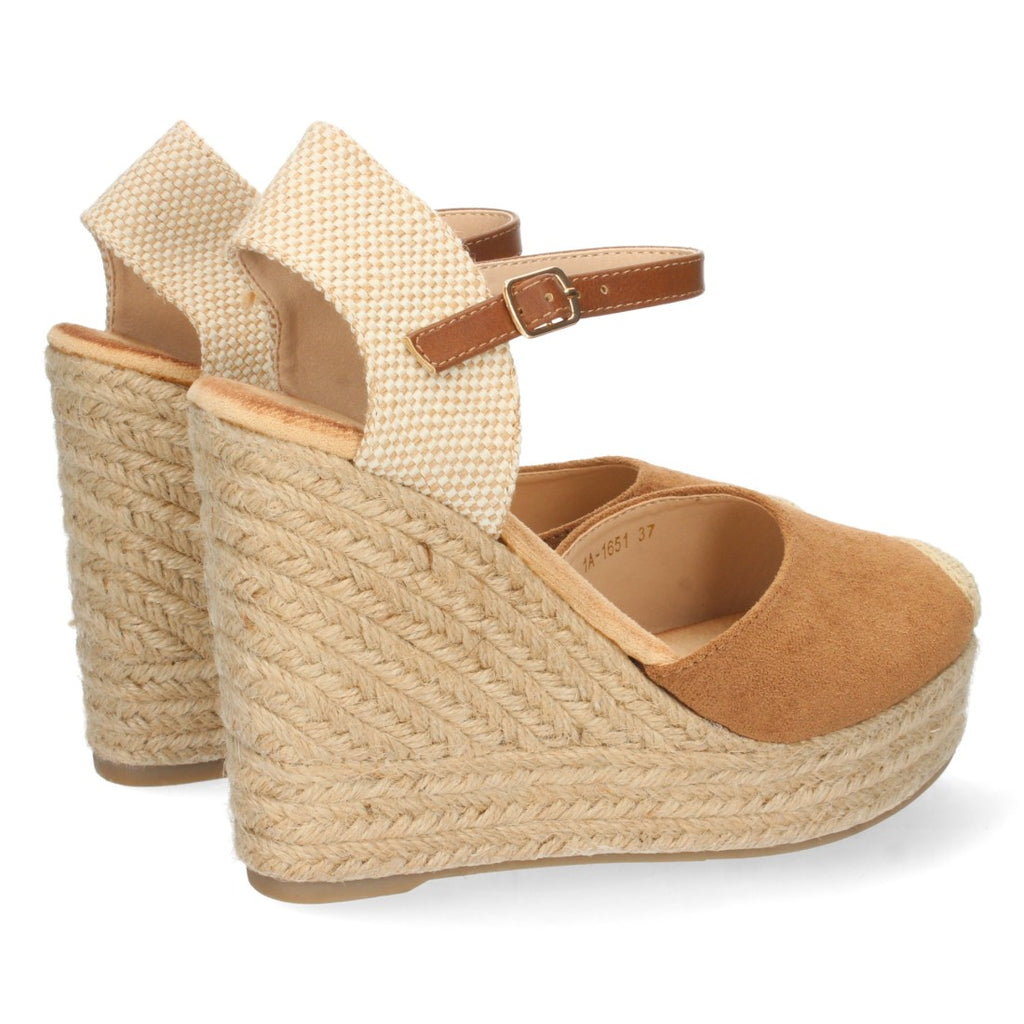 Keilsandalen aus Jute in Camel mit geschlossenem Blatt und Schnalle