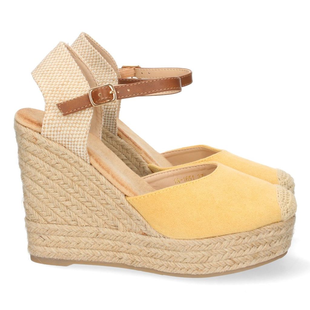Gelbe Sandalen Keilabsatz Jute Geschlossene Vorderseite Schnalle