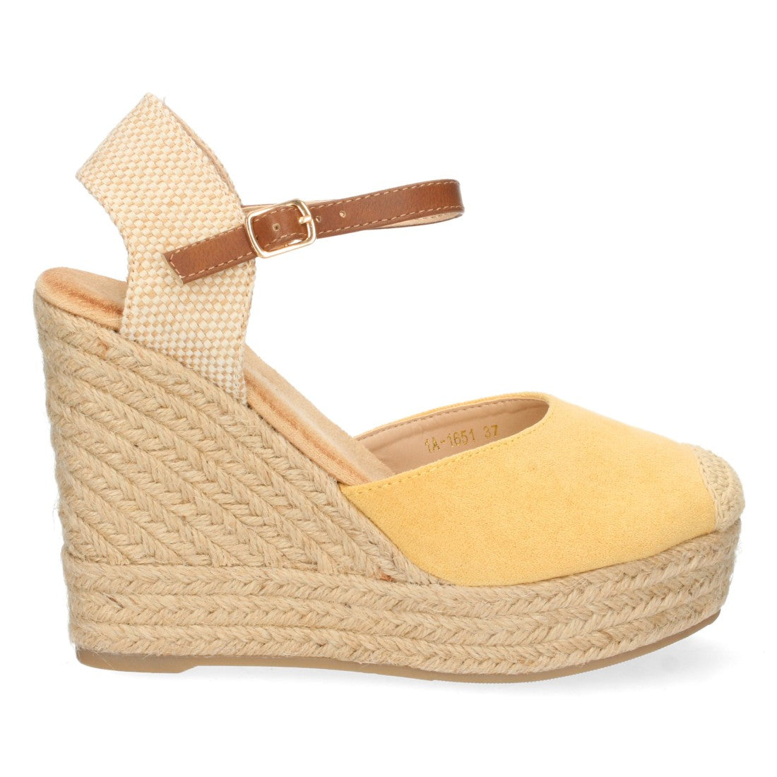 Gelbe Sandalen Keilabsatz Jute Geschlossene Vorderseite Schnalle