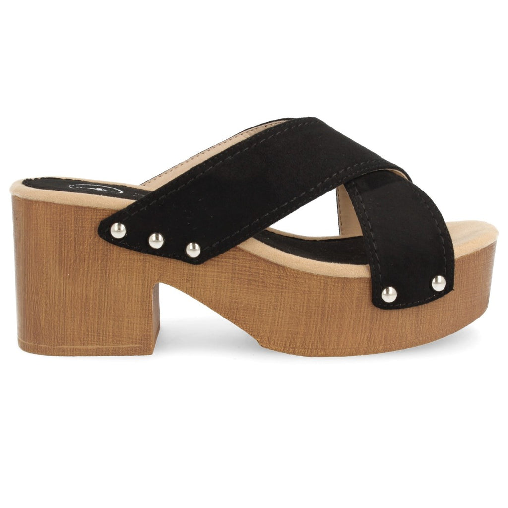 Sandalias Negras Mujer Plataforma Tiras Cruzadas Clavadas Madera