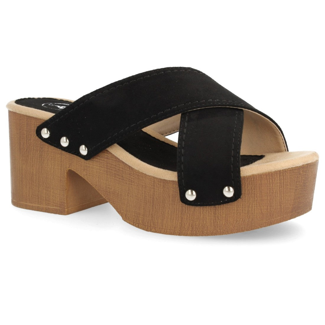Sandalias Negras Mujer Plataforma Tiras Cruzadas Clavadas Madera